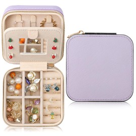 NGVRC Genuine Leather Travel Jewelry Case Organizer with Mirror for Women, Small Jewelry Box Portable Mini Jewelry Case for Earring, Ring, Necklace, Bracelet(Lilac)