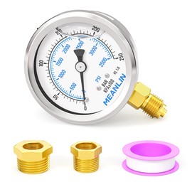 MEANLIN MEASURE 0-250bar/3500PSI Stainless Steel 1/4" BSP 2.5" Face Dial Fluid Filled Pressure Gauge WOG Water Oil Air Bottom Mount, with 1/4" x 1/2" BSP and 1/4" x 3/8" BSP Hex Socket
