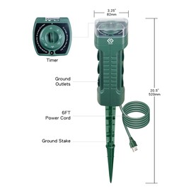 OSKOS Outdoor Power Stake with Photocell Timer 2/4/6/8 Hour Countdown, Dusk to Dawn, 6 Grounded Outlets 6FT Cord, UL Listed, Green