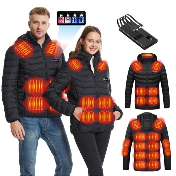 Platilive Electric Heated Jacket, Men's, Winter Clothes, Hooded Jacket, 4 Switches, Independent USB Power, 3 Temperature Adjustment, 21 Heating Points, 30,000 mAh Power Bank Included, Coat, Cold Weather Wear, Men's Coat, Winter Clothes, Heated Vest, #K00