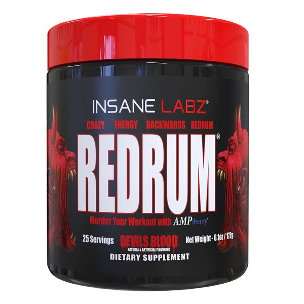 Insane Labz Redrum High Stim Pre Workout NO Booster Powder, Loaded with Beta Alanine Agmatine Sulfate Taurine Fueled by AMPiberry, OXYgold,Focus Strength Recovery,25 Srvgs Devil's Blood Black Cherry