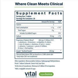 Hyperbiotics Vital Nutrients Pro-15 Advanced Probiotics for Women and Men | 15 Strains + Kiwifruit | Clinically Studied Daily Probiotics for Digestive Health, Gas, & Bloating | 30 Vegan Tablets