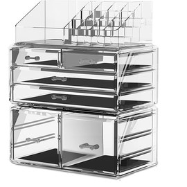 HTXsky Professional 6-Drawer Makeup Cosmetic Organizer - Large Portable Storage Case & Display Box for Women, Countertop Beauty Products (Clear)