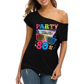 80s Outfit for Women 80's Retro Theme Party Shirts Vintage Disco Outfits 1980s Clothes 90s Neon Off Shoulder Tops