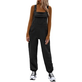 Uikue Women's Winter Fleece Overalls Warm Fuzzy Jumpsuits Adjustable Strap Sleeveless Loose Casual Fluffy Bib Overalls Pants(Black,L)