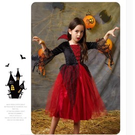 UPENC Vampire, Halloween Costume, Children, Witch, Devil, Dracula, Cute, Popular, Dress, Cosplay, Kids, Girls, Short Sleeve, Party Events, Standing Collar, Staging Clothing, Includes Tattoo Stickers,