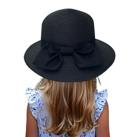 Jastore Little Kids Girls Boys Summer Straw Sun Hat Wide Brim Bowknot Floppy Beach Sun Hat (Black, 5-9 Years)