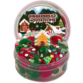 Gingerbread House Green & Red Pom-Poms Clear Slime, Good Stretchy Premade Slime, Slime Party Favors for Kids, Sensory Toys Girls Gifts & Boys Gifts Birthday Easter Hallowmas Christmas Slime