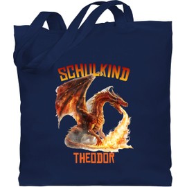 Geschenk mit Namen personalisiert by Shirtracer - Cotton Bag - Gym Bag - School Child Fire Dragon with Name | First Day of School Gift Dragon | Gift for School Dragon Motif, 5 Navy Blue