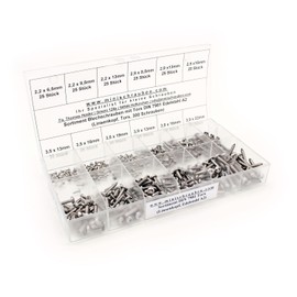 Assortment box with 300 pieces self-tapping screws in accordance with DIN 7981-TX made of A2 stainless steel (from 2.2 x 6.5 mm), hexalobular (TX), raised head. Mini screws assortment including
