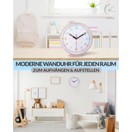 LATENO - Wall Clock Children's Clock Pink - Colourful Wall Clock Children's Room Silent - Learning Clock Children without Ticking Noise - Analogue Children's Wall Clock for Boys and Girls - Children's