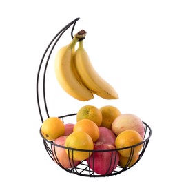 Basicwise Wire Metal Fruit Basket Holder, Kitchen Counter Top Fruit Bowl with Banana Hanger, Black