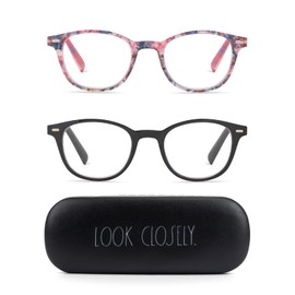 Rae Dunn "ELIZA Blue Light Blocking Reading Glasses - 2 Pack w/LOOK CLOSELY Signature Font Hard Case (Pearl Multi/Jet Black, 0.0)