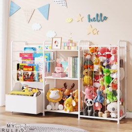 BBLIKE 3in1 Stuffed Animal Storage Organizer - Toy Storage with Kids Bookshelf & Large Plushies Holder for Kids Room - Multi-Functional Furniture for Nursery, Bedroom, and Playroom, White
