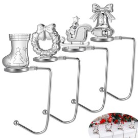 GSrenyu 4 Pcs Christmas Stocking Holders, Christmas Stocking Hangers Mantel Hooks No-Slip Christmas Stocking Hooks for Table Fireplace Christmas Party Decoration (Bell Sock Sleigh Wreath/Silver)