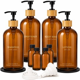 TBWIND 4 Pack 16oz Amber Glass Shampoo Dispenser Set with Bamboo Pumps, Permanent Screen Printed Refillable Bottles for Shampoo, Conditioner & Body Wash, Includes Travel Bottles & Silicone Pads