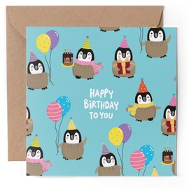 1 x Greeting Card - Happy Birthday Penguin Balloons Party Pattern - Blank Birthday Celebration Anniversary #170606