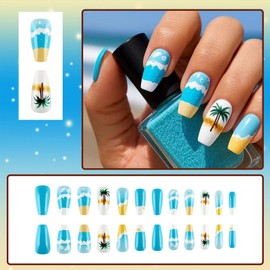 Summer Coffin Press on Nails Medium Length Fake Nails with Design Beach Casual Artificial False Nails Acrylic Nails Press Ons Nails Full Cover Glue on Nails Stick on Nails for Women 24 Pcs