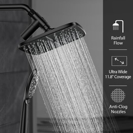 Veken 11.8 Inch Rain Shower Head with Handheld- High Pressure Dual Shower Heads with 5 Modes Handheld Spray Combo- Wide Rainfall Showerhead with Hose, Bathroom Accessories, Matte Black