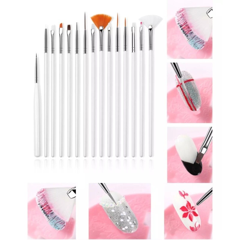 Nail Set De 15 Pinceles Para Mano Alzada + 5