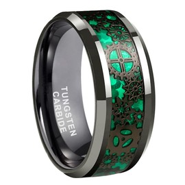 TUTISS 8mm Gunmetal Tungsten Rings for Men Women Wedding Bands Green Carbon Fiber Steampunk Gear Inlay Beveled Edges Comfort Fit Size 15