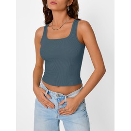 SUNBS Women's 3 Pack Square Neck Tank Tops Sleeveless Ribbed Workout Cute Outfits Summer Cropped Camisole Fashion Clothes 2025 GreyblueWhiteBlackL