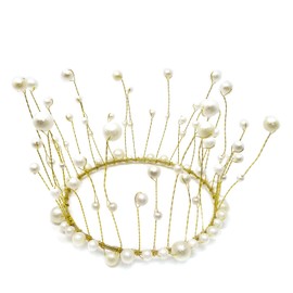 Honbay - Tocado hecho a mano de perlas blancas y doradas, decoración de tartas, corona de princesa, tiara para bodas, cumpleaños o fiestas (blanco)