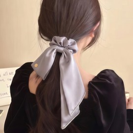 Silk Ribbon Scrunchie, Hair Tie, Hair Ornament, Long Ribbon, Large, Velour, Metal Logo, Elegant, Women's, Graduation Ceremony, School Entrance Ceremony, After Party, Light Purple