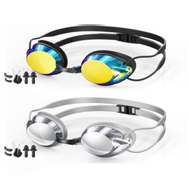 HMTIY Swim Goggles, 2-Pack Anti Fog Swimming Goggles for Adult Youth Men Women (Silver & Deep Gold)