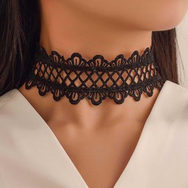 Cybche Gothic Wide Lace Choker Necklace, Black Lace Chain, Flower Lace Necklace, Steampunk Lace Collar Necklace, Lace Tattoo Necklace, Jewelry for Women, Zinc, No Gemstone