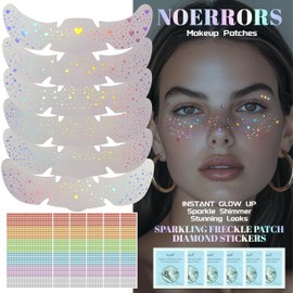 Noerrors 6pcs Holographic Silver Glitter Freckles Face Tattoo&Rainbow Rhinestones Face Jewels,Multichrome Temporary Fake Faux Freckles Patches Sparkle Cute Speckles Multicolor Makeup Accessories