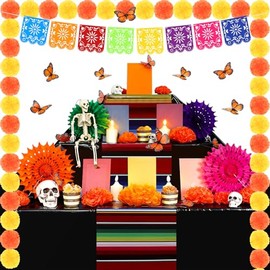 Newwiee 79 Pcs Day of the Dead Altar Decorations Kit Include Marigold Garland Paper Fans Photo Frames Paper Flowers Butterfly Tablecloths LED Candle Banner for Dia De Muertos Altar Diwali (Classic)