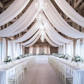 10ft×30ft White Ceiling Curtain Panels for Weddings Parties,2 Panels 30 ft Long Polyester Fabric Ceiling Drapes for Tent Canopy Church,Wrinke Free Smooth White Drapes for Birthday Stage Photography