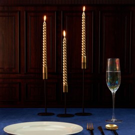 DECO EXPRESS Dinner Candles Pack of 3 or 6 Twisted Candles Coloured Spiral Candles Long Lasting 6 Hours Burn Non Scented (Gold, Pack of 3)