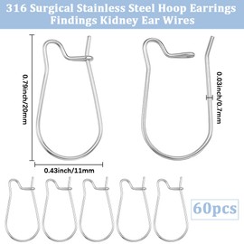 Beebeecraft 1 Box 60Pcs Kidney Earring Hooks 316 Surgical Stainless Steel Hoop Earrings Findings 0.7mm/21 Gauge Hypoallergenic U Shaped Ear Wires for Jewellery Making Supplies DIY Craft Beginner