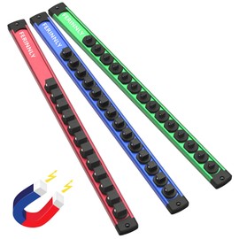 Magnetic Socket Holder Organizer Set, 3-Piece Heavy Duty Socket Rack Kit, 360° Swivel Aluminum Alloy Socket Rail for Tool Box - 1/4-Inch x 14 Clips, 3/8-Inch x 14 Clips, 1/2-Inch x 12 Clips