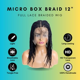 PIB 12'' Single Full Lace Micro Box Braid Wig - Knotless Braided Wigs for Black Women - Handmade Box Braided Wig with Pre-Plucked Hairline - Off Black #1B