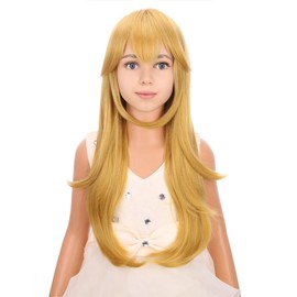 PATTNIUM Kids Girls Golden Blonde Long Wavy Synthetic Cosplay Wig With Wig Cap