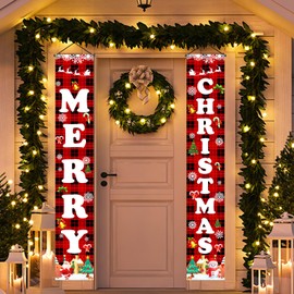 OLANRUN Merry Christmas Banner Christmas Decorations, 70.8 Inch Hanging Xmas Porch Door Sign Decor Banners, Foldable Reusable Christmas Banner for Indoor and Outdoor Home Wall Yard Garage (Red)