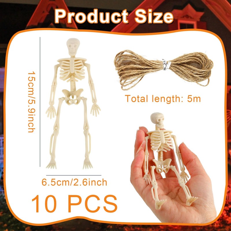 10 Pcs Mini Halloween Skeleton Decorations, White Small Plastic Skeleton