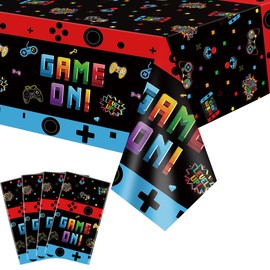 4 Pcs Video Game Tablecloth Gamer Birthday Party Decorations Table Cover Waterproof Rectangle Gaming Table Cloth for Boys Girls Game Level Up Party Supplies, 52 x 86 Inch
