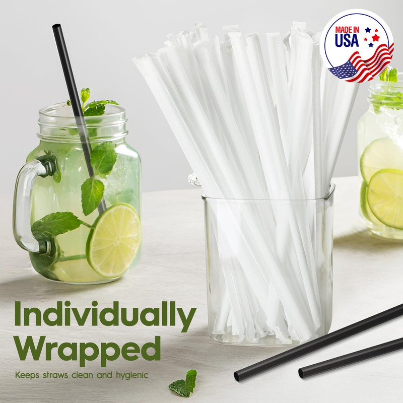 Delxo 500 Count Individually Wrapped Black Plastic Straws - 10.25