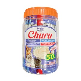 Churu Inaba, Premios Cremosos para Gato, Mix 4 Sabores de Atún, Bajos en Calorías, 50 Tubos de 14g