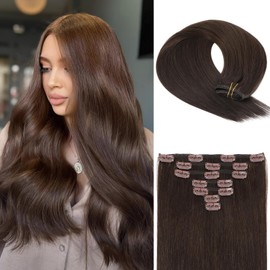 Bellecho Clip in Hair Extensions Real Human Hair, Silky Straight Real Remy Human Hair Extensions Clip ins, Dark Brown Clip in Extensions for Women, 16inch 120g 7Pcs, 2# Dark Brown