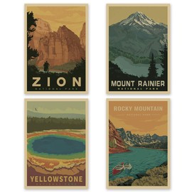America Zion Mount Rainier Yellowstone Rocky Mountain National Park Vintage Kraft Poster White Coated Painting Home Decoration 4 Poster/set (16.5X11.7 Kraft)