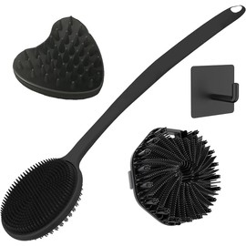Juego de 4 cepillos de baño de silicona, que incluye un cepillo para la espalda de mango largo, un cepillo corporal, un cepillo para el cabello y un gancho (Black3)