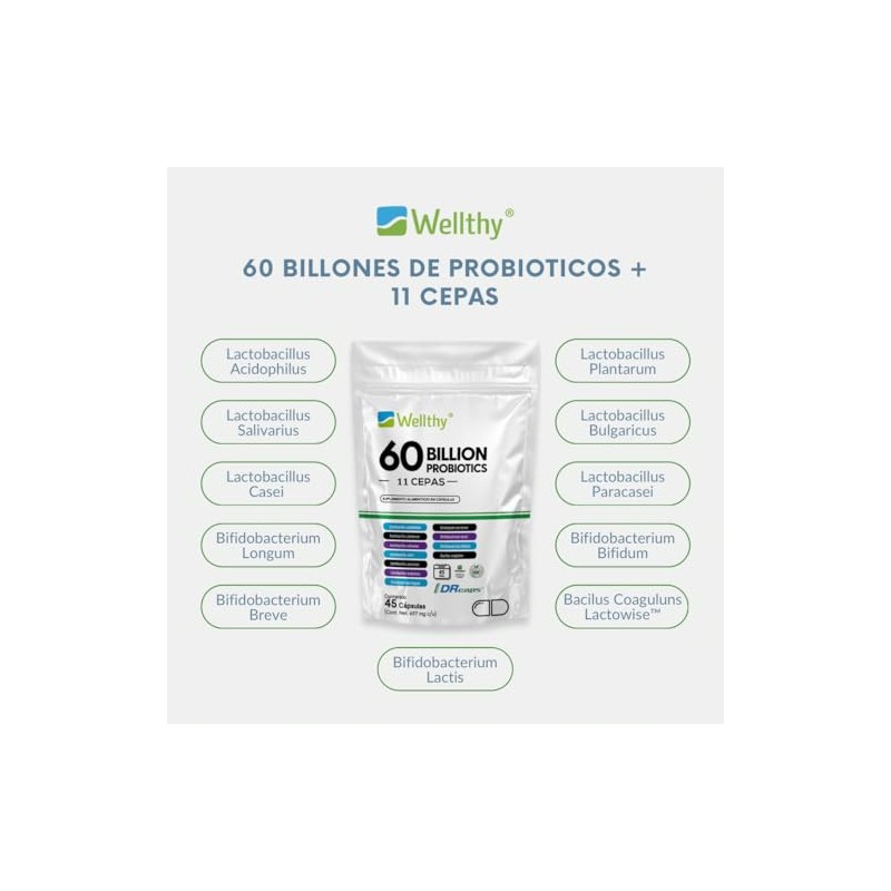 Wellthy Probioticos 60 Billones 11 Cepas. 45 Cápsulas Mes y