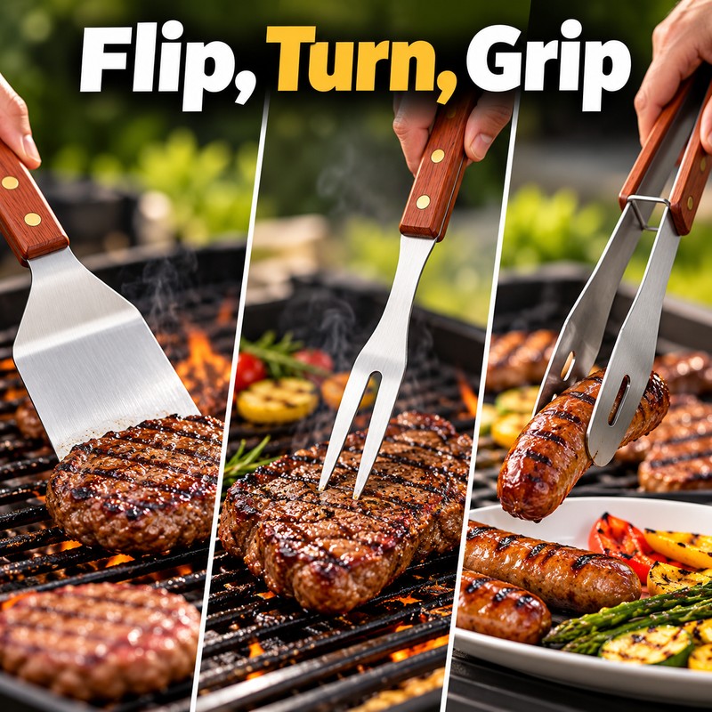 3-Piece Stainless Steel BBQ Tool Set with Rosewood Handles –