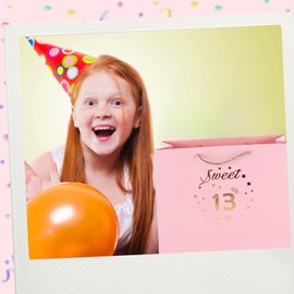 Yiran Birthday Gift Bag with Handles and Ribbon for 13 Year Old Gilrs Gift Wrapping, Sweet 13 Paper Gift Bags, Teens Happy Birthday Gift Bag, Pink and Gold Party Decorations Supplies