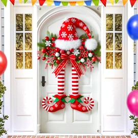 BlissYard Elf Legs Door Cover 71x35 Inch Christmas Banner for Front Door Outdoor Indoor Decorations Large Xmas Holiday Backdrop with Red White Striped Hat Curly Shoes Garland Bow Hanging Ornament